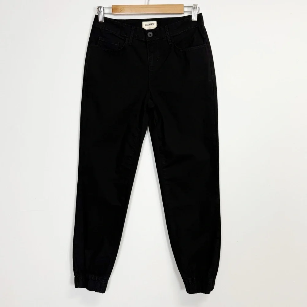 L'Agence Pants Womens 23 Black Mirabel Mid Rise Flight Pant Elastic Hem Cotton
